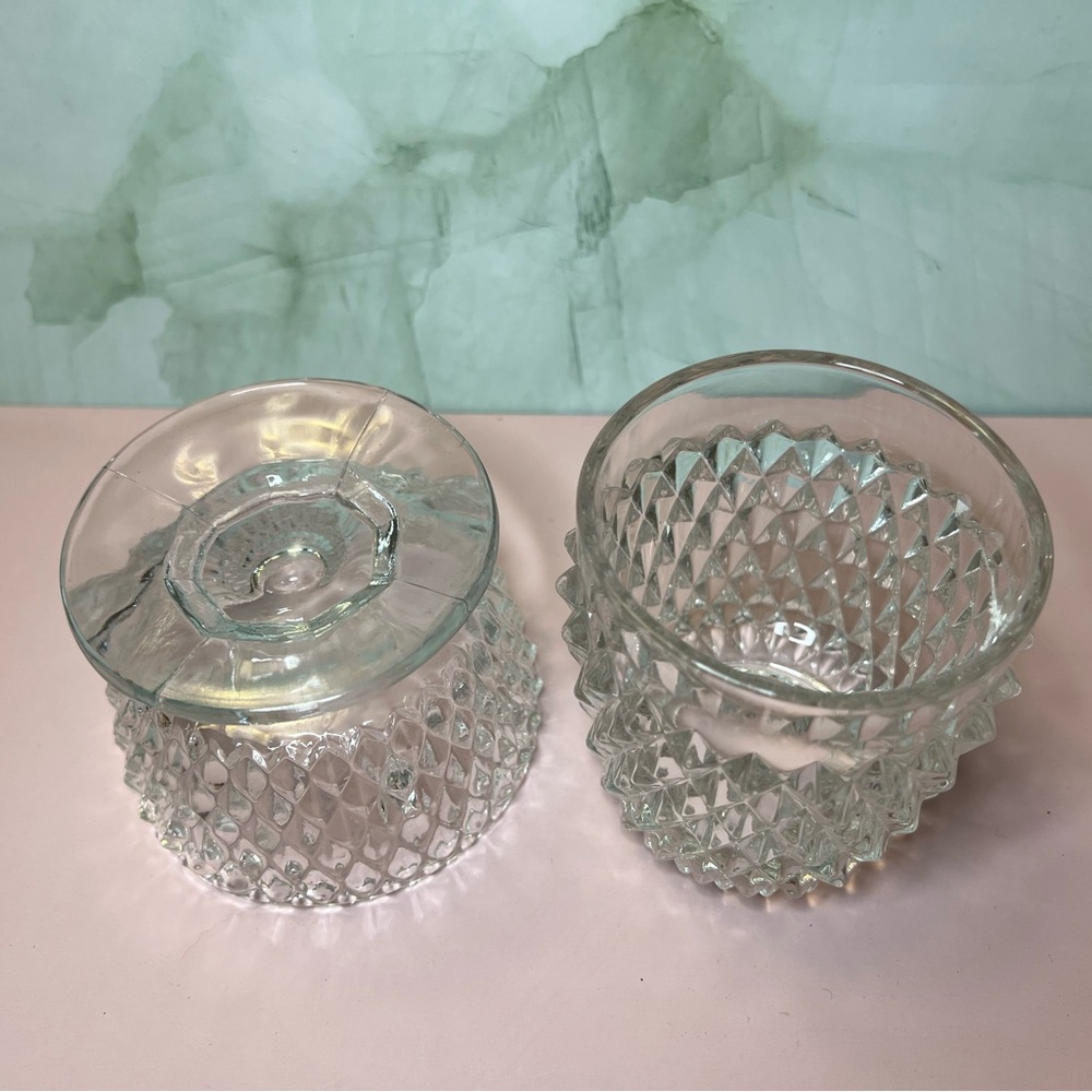 Vintage Indiana Glass Diamond Point Clear Fairy Lamp 2 Pc Candle Votive Holder - Picture 6 of 8